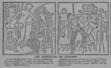 Cartoons on the Wilde trials printed in the Parisian newspaper La Lanterne. The panel on the left switches the protective vine leaves from front to back, alluding to allegations of sodomy during the trials. The panel on the right puns on the name of Wilde’s co-defendant, Alfred Taylor, depicting a young man named Oscar being booted when he admits to being friends with an English tailor.